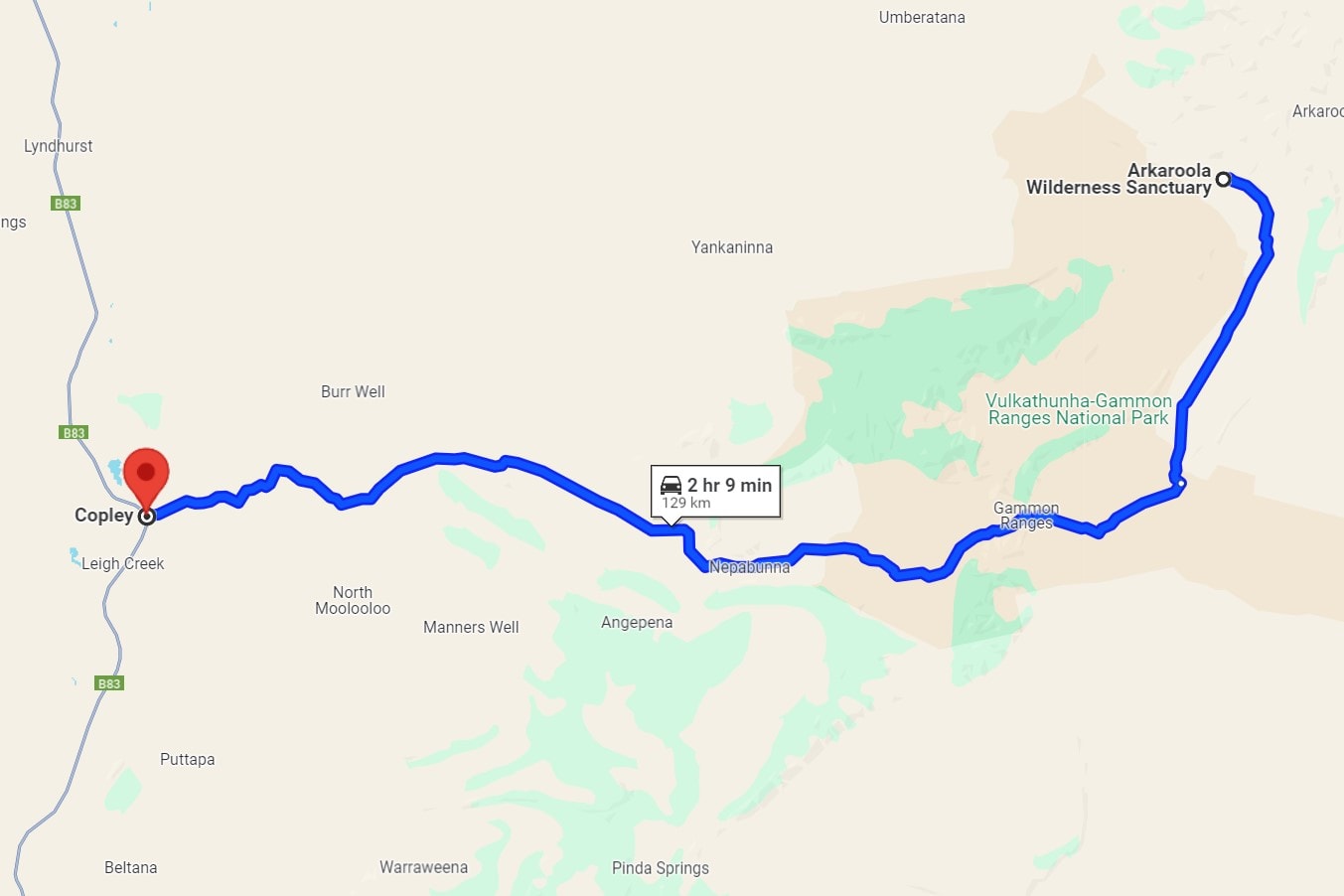 A map showing the route from Copley to Arkaroola Wilderness Sanctuary in South Australia, covering a distance of 129 kilometers in approximately 2 hours and 9 minutes.