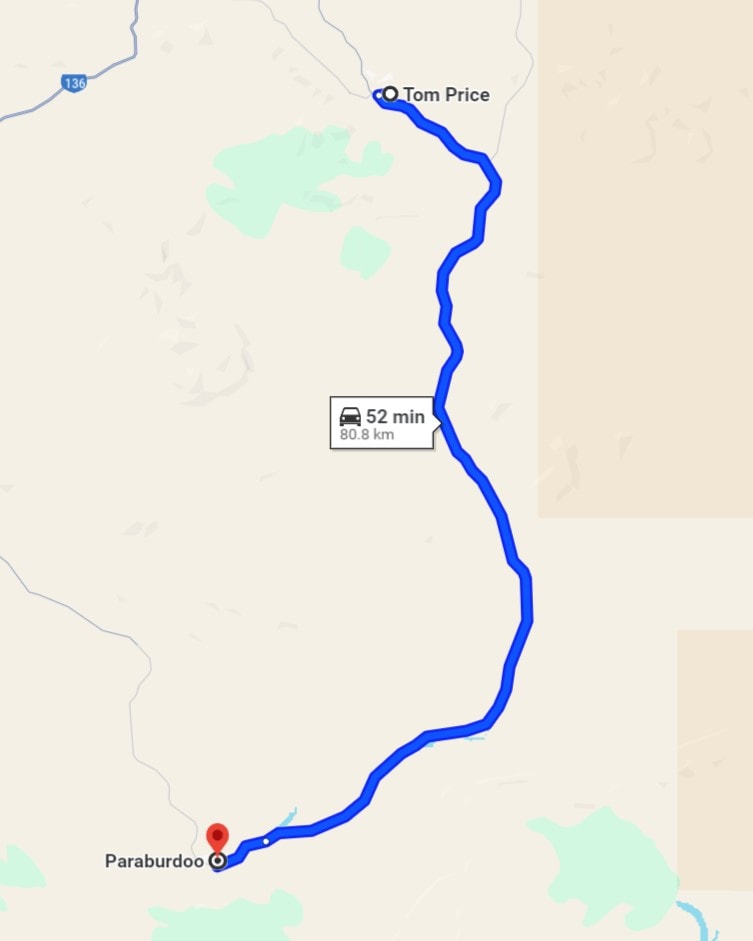 A map showing the driving route from Tom Price to Paraburdoo, a 52-minute journey covering 80.8 km, useful for planning things to do in Tom Price and nearby areas.
