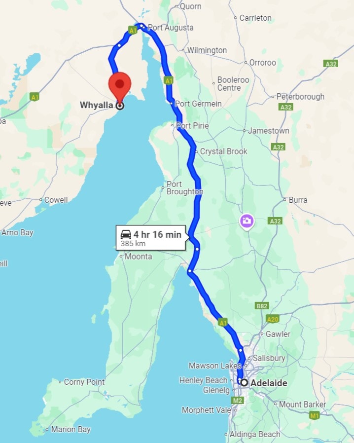 Map showing a driving route from Adelaide to Whyalla, South Australia, covering 385 km and estimated to take 4 hours and 16 minutes. The route passes through towns including Port Pirie and Port Augusta along the eastern coast of the Spencer Gulf.