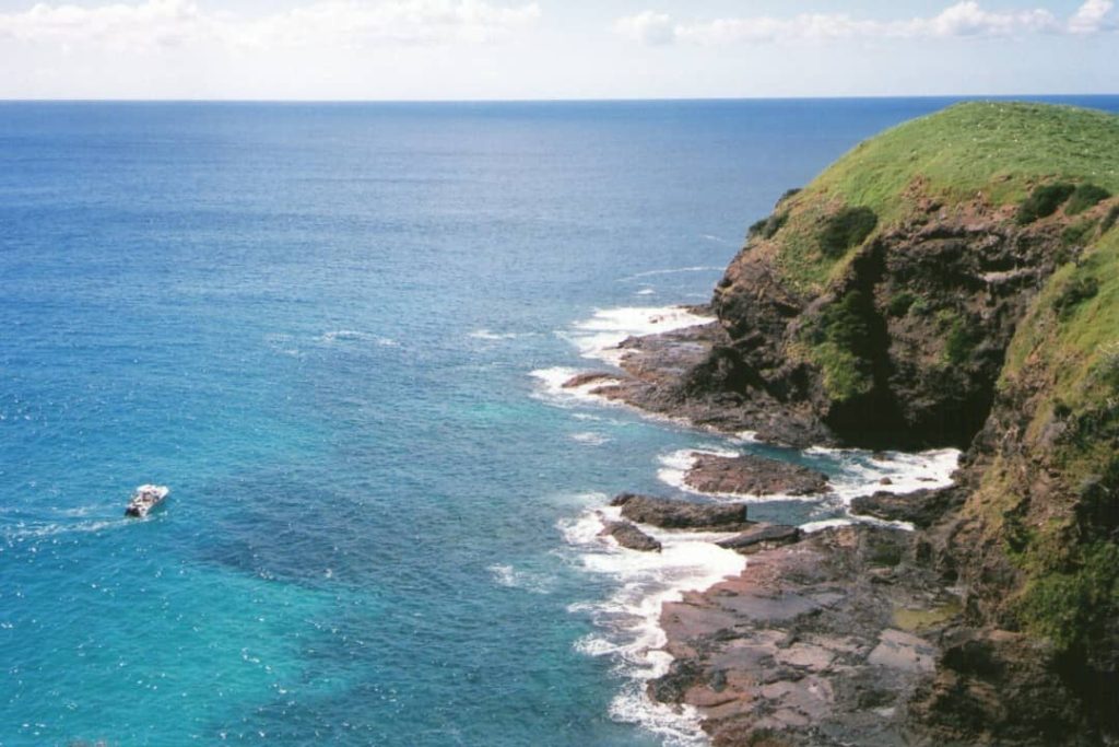 A view of Muttonbird Point on Lord Howe Island, NSW, Australia, showing a rugged cliff with patches of green grass and rocky edges meeting the clear blue ocean. A small boat can be seen on the turquoise water, adding to the coastal scenery.