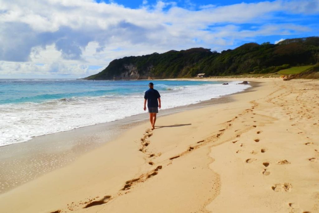 A person walking along the sandy shore of Ned's Beach, Lord Howe Island, with gentle waves lapping at the shoreline. The sky is partly cloudy, and lush greenery covers the hills in the background, creating a serene beach scene.