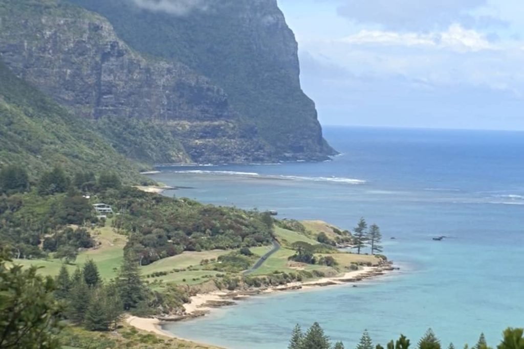 The view from Transit Hill Lookout on Lord Howe Island, Australia, shows a beautiful coastline with green hills, curving roads, and tall cliffs by the clear blue ocean.