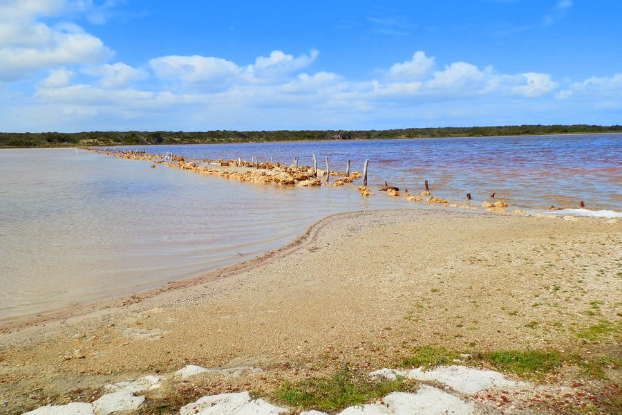 Lake at Salt Creek Loop Trail with the remains of the old jetty extending into the water, surrounded by natural scenery and a partly cloudy sky.