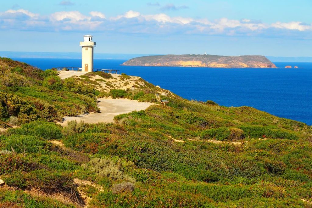 Cape Spencer Lighthouse perched on a coastal cliff with views of Althorp Island in the distance at Dhilba Guuranda-Innes National Park, Yorke Peninsula, South Australia