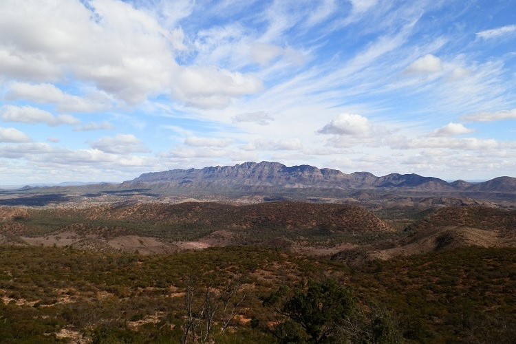 Panoramic view north towards the rugged peaks of the Flinders Ranges, taken from a vantage point near Wilpena Pound, South Australia.