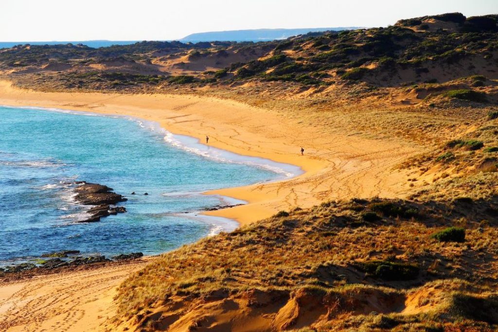 A golden sunset at Browns Beach in Dhilba Guuranda-Innes National Park, Yorke Peninsula, South Australia, with fishermen casting lines along the shore of the picturesque sandy beach