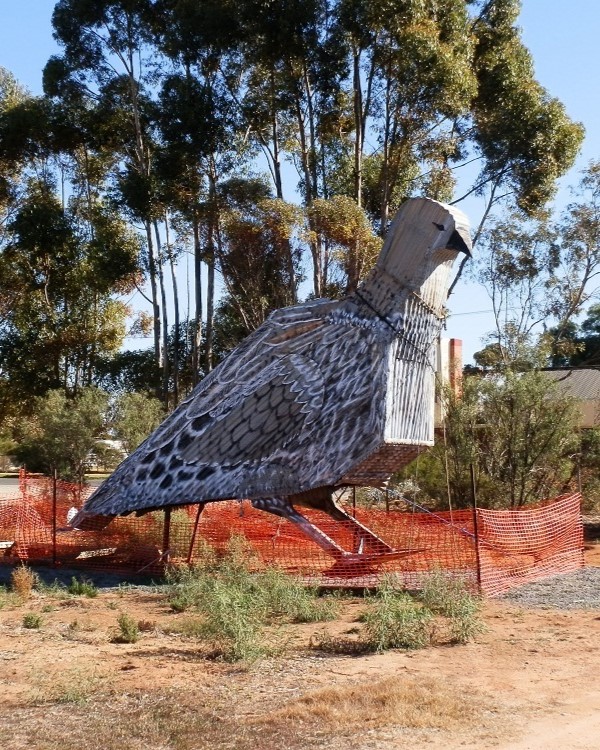 The Big Malleefowl against the backdrop of its home town, Patchewollock, Victoria