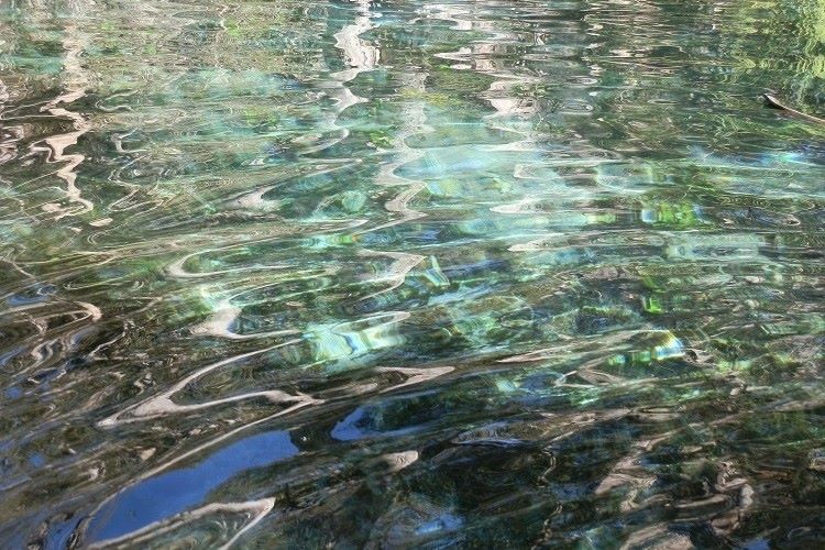 The image shows the clear, shimmering waters of Bitter Springs near Mataranka in the Northern Territory, Australia. The water reflects shades of blue and green, with ripples creating a textured, almost abstract appearance. The natural spring's pristine quality and unique colors highlight its appeal as a tranquil and picturesque swimming spot.