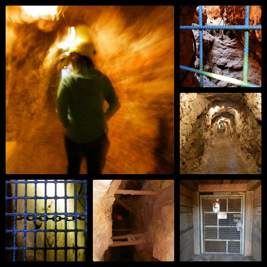 Collage from the Blinman Mine Tour in the Northern Flinders Ranges, featuring tunnels, barred gates, and a helmeted visitor—a unique stop on a Flinders Ranges itinerary.