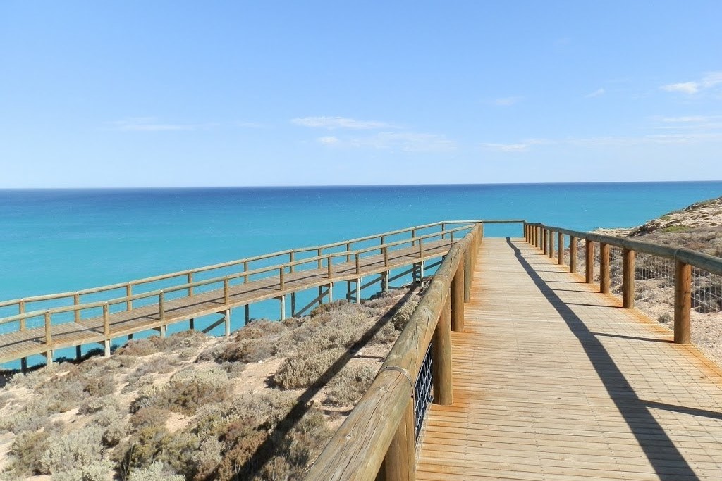 Wooden boardwalk leading towards a stunning view of the ocean at the Head of Bight on the Nullarbor Plain in South Australia. The turquoise water stretches out under a clear blue sky, while the boardwalk curves along the coastal landscape, allowing visitors to take in the expansive sea views and surrounding vegetation. The scene evokes a sense of tranquility and natural beauty.