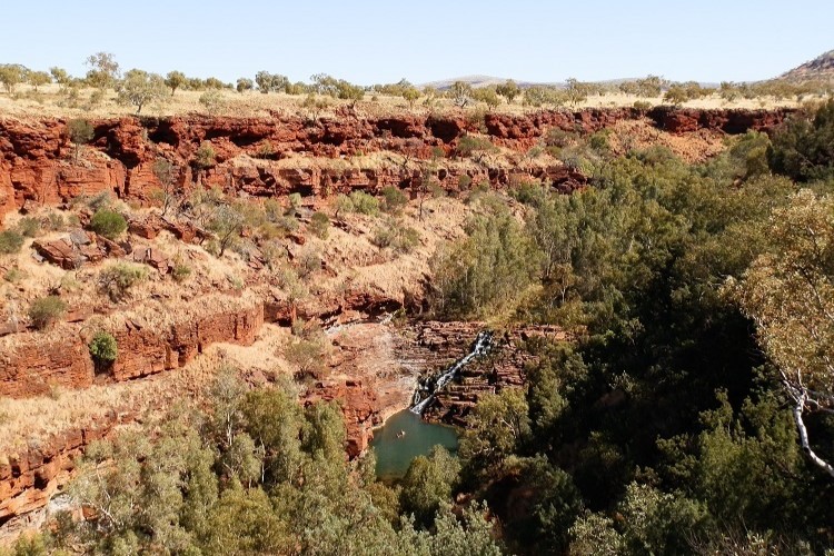 A view of Dales Gorge in Karijini National Park, featuring red cliffs, cascading waterfalls, and lush greenery—a must-see for those exploring things to do near Tom Price.