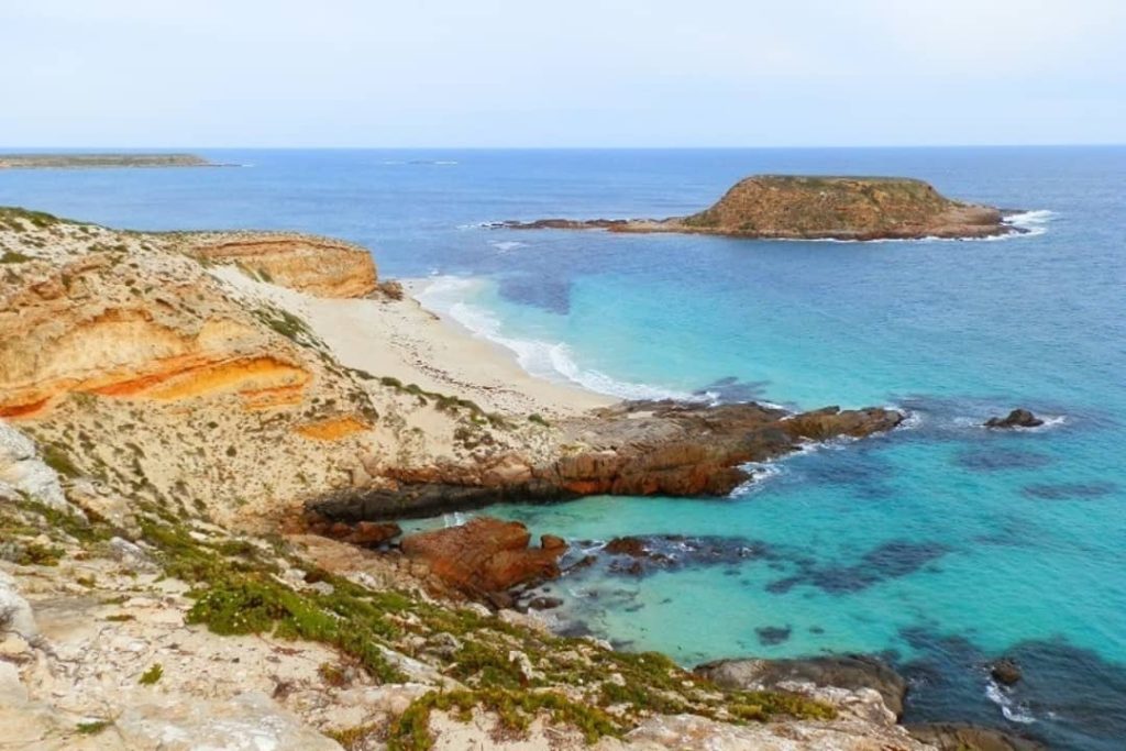 A stunning coastal view of Royston Head in Innes National Park, South Australia, showcasing the rugged cliffs and vibrant turquoise waters below. The untouched sandy beaches meet the orange-tinted rocky formations, creating a striking contrast against the calm, crystal-clear sea.