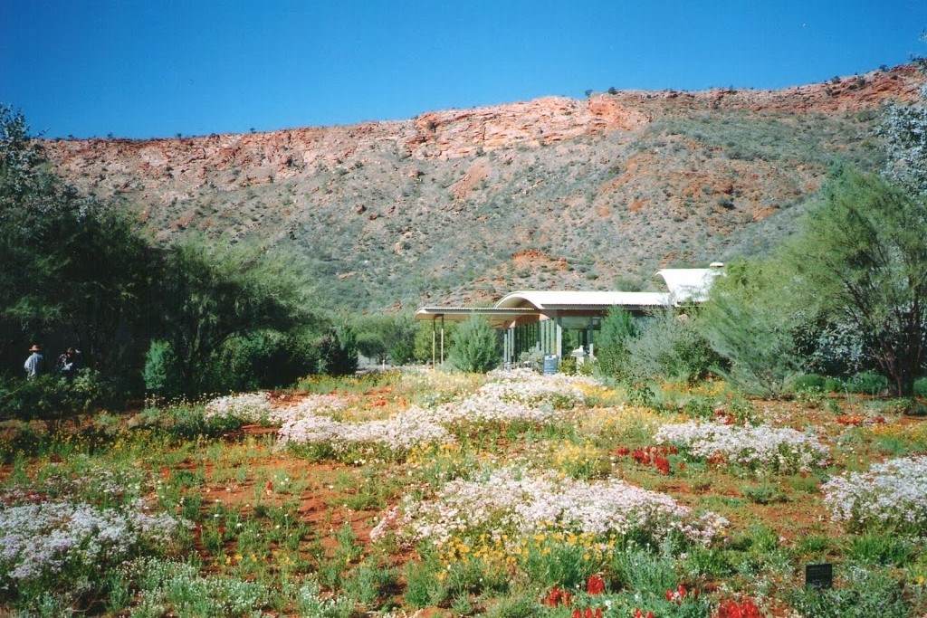 The image shows the Alice Springs Desert Park in the Northern Territory, Australia, featuring a vibrant display of desert flora with colorful wildflowers and native plants. The park's modern visitor center is partially visible among the greenery, set against a backdrop of red rocky hills under a clear blue sky. The scene highlights the natural beauty and diversity of Australia's arid landscapes