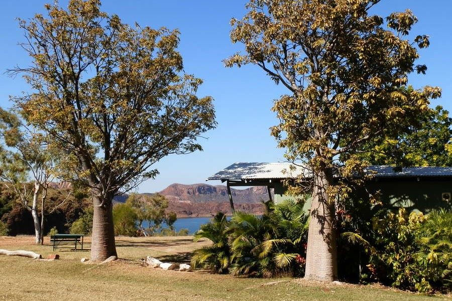 Boab trees framing a scenic view of Lake Argyle in Kununurra, with a quaint building nearby.
