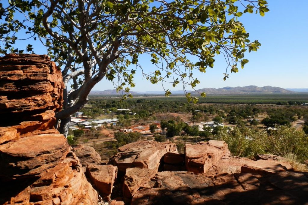 View from Kelly's Knob Lookout in Kununurra, offering panoramic views of the town and surrounding landscape.