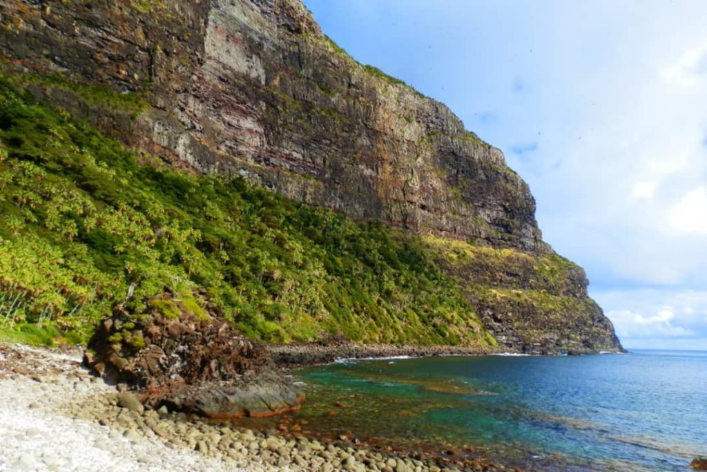 Steep cliffs rise above green slopes and rocky shores at the base of Mt Gower on Lord Howe Island.