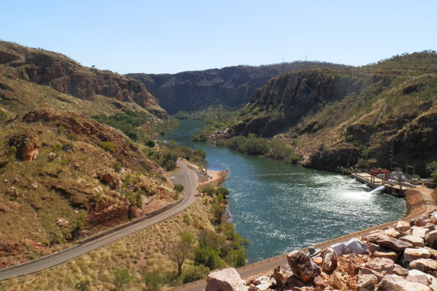 View of the Ord River from the dam wall at Lake Argyle in Kununurra, offering stunning scenery and one of the top things to do in Kununurra for nature lovers.