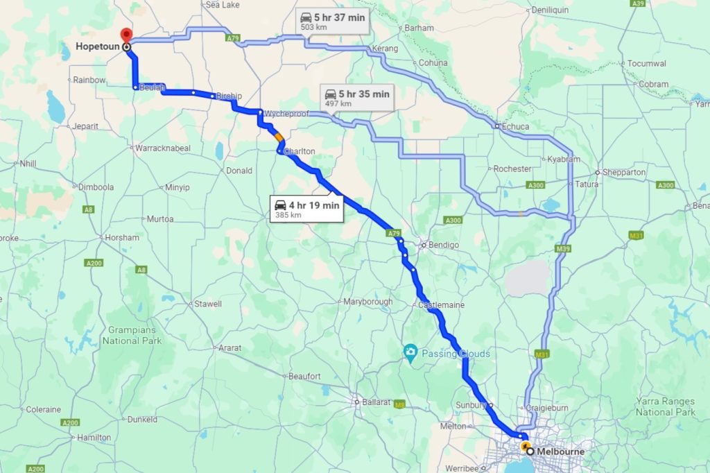 A map showing a road trip route from Melbourne to Hopetoun, Victoria, with a driving time of 4 hours and 19 minutes over 385 kilometers. Two alternate routes are also displayed with longer travel times.