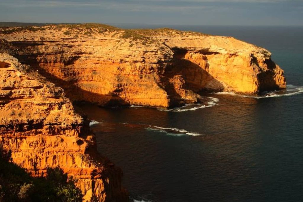 The glowing orange rocky cliffs of Innes National Park, South Australia, catch the light of the setting sun, creating a striking contrast against the deep blue waters below. The cliffs rise dramatically from the ocean, showcasing the rugged and natural beauty of the park’s coastline.