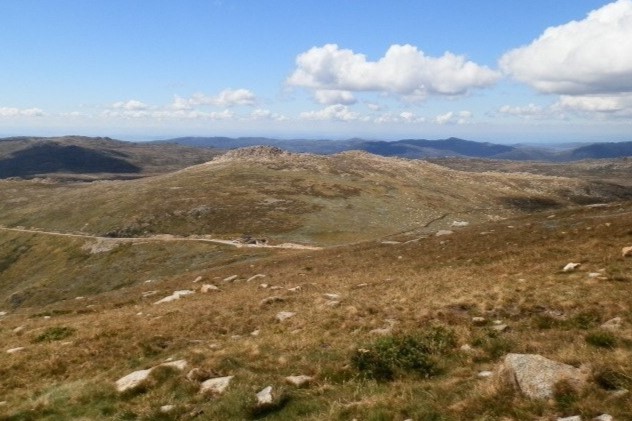 View of HIGHEST Loo in OZ at Rawsons Pass from Mt Kosciuszko Summit, Snowy Mountains, NSW