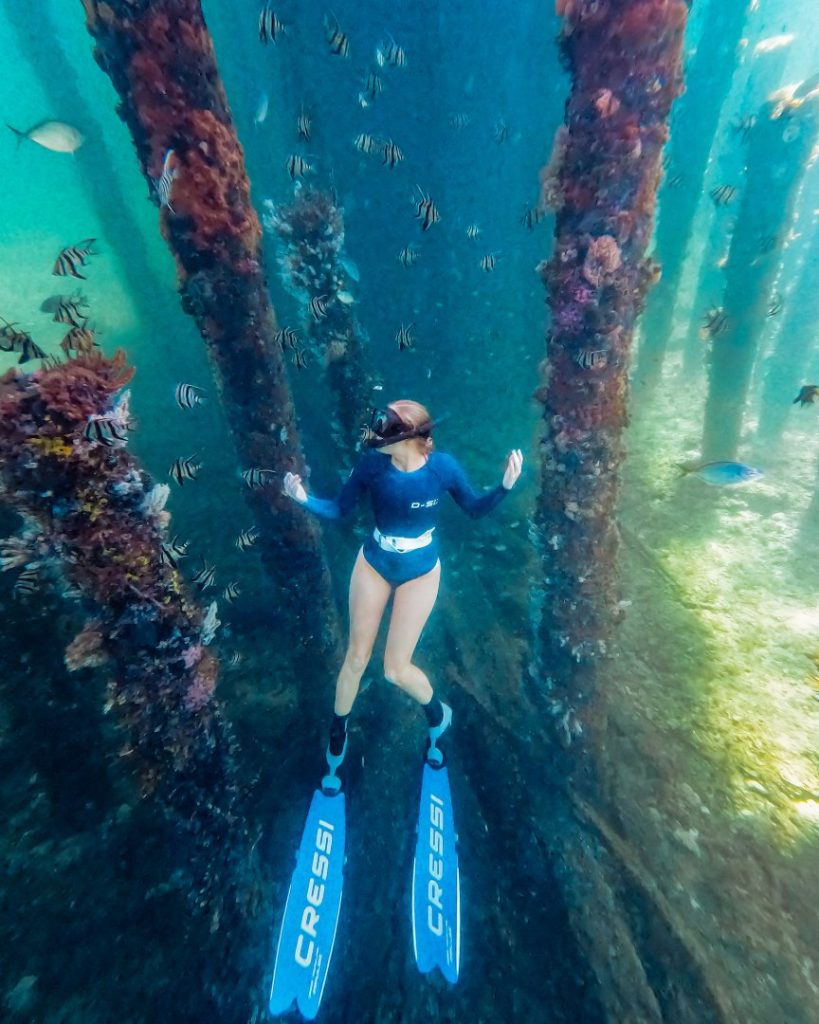 Woman snorkelling surrounded by fish under the Busselton Jetty, an epic thing to do in Western Australia
