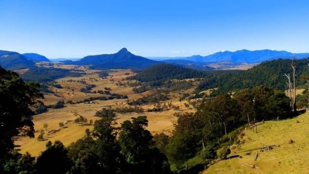Panoramic view from Carrs Lookout showing the valley and Mt Jirramun in Queensland.