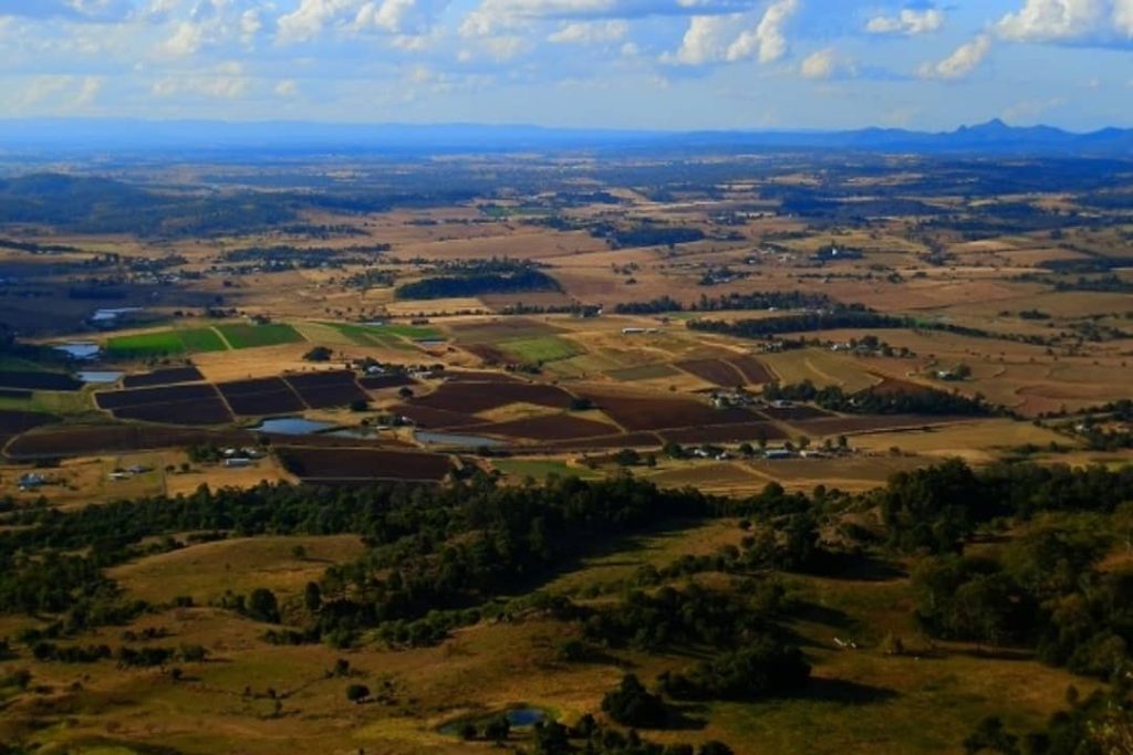 Aerial view of the patchwork fields in Fassifern Valley from the lookout at Mt French.