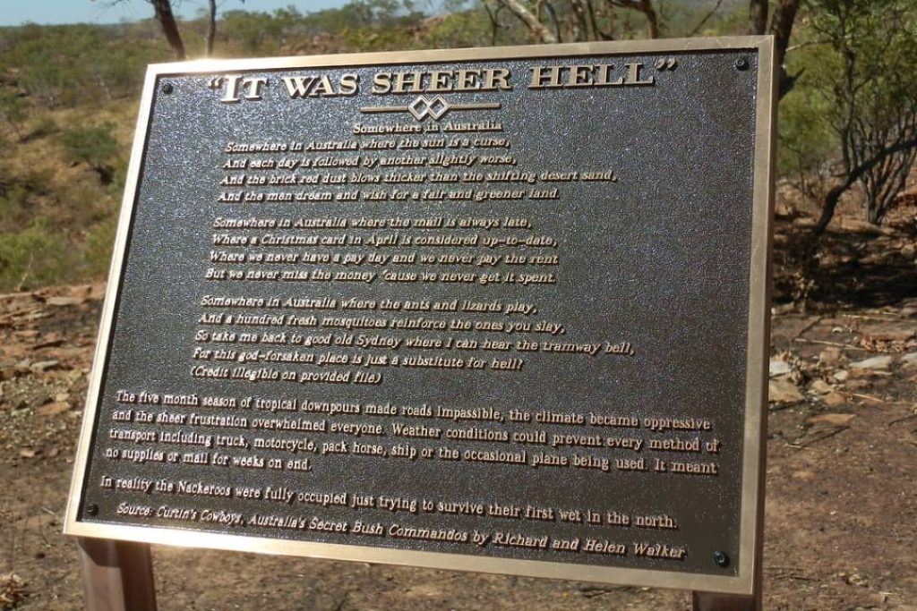 Plaque at the Nackeroo Memorial in Timber Creek displaying a poem about the harsh conditions faced by the soldiers.