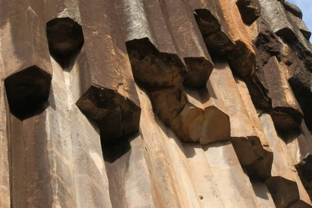 Close-up view of the unique hexagonal basalt formations at Sawn Rocks, New South Wales.