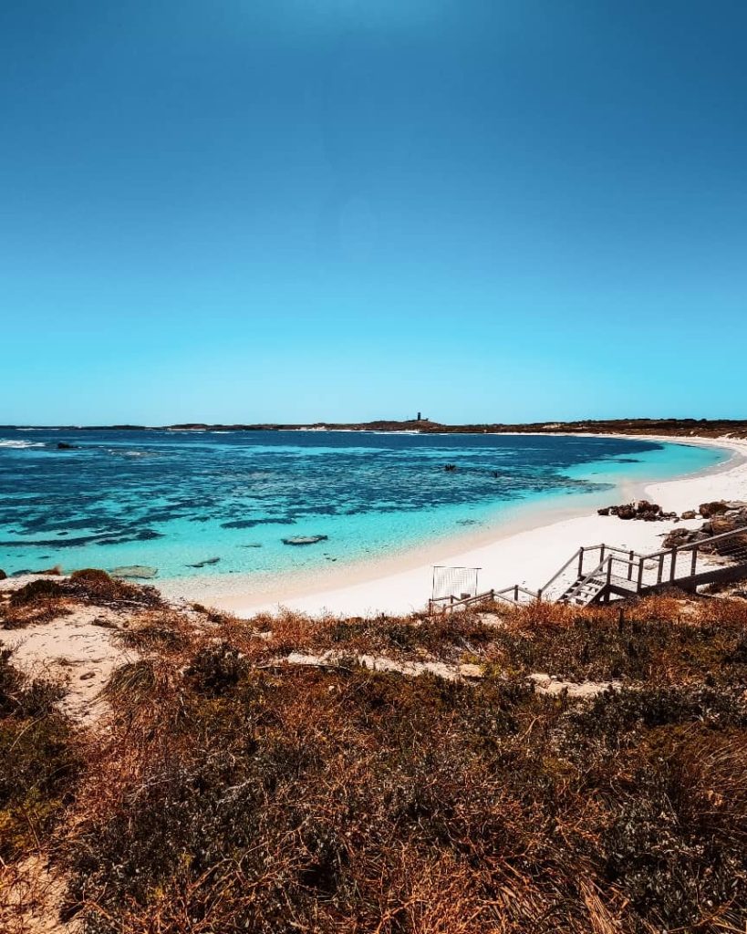 A stunning view of The Basin on Rottnest Island, featuring crystal-clear turquoise waters, a white sandy beach, and wooden stairs leading down to the shoreline under a bright blue sky.