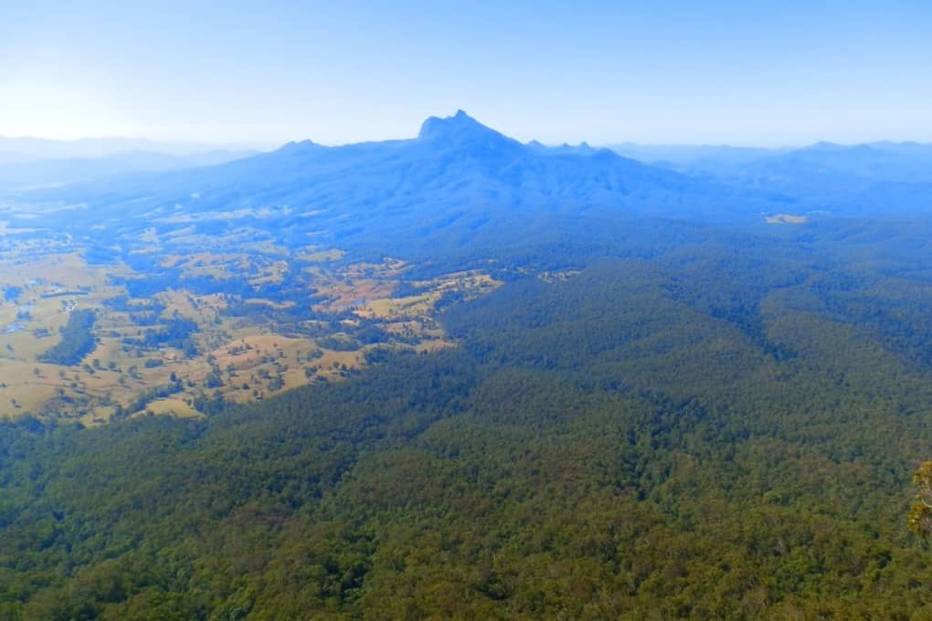 Expansive view of Mount Warning and the surrounding forests as seen from Blackbutts Lookout in New South Wales, Australia.
