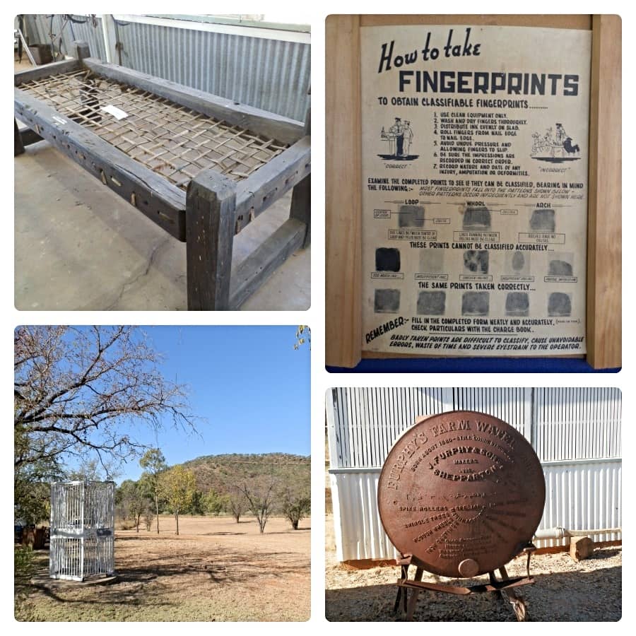 Collage of historical items from the Police Station Museum in Timber Creek, Northern Territory, including fingerprint instructions, a Furphy water cart, an outdoor holding cell, and a kangaroo skin bed.