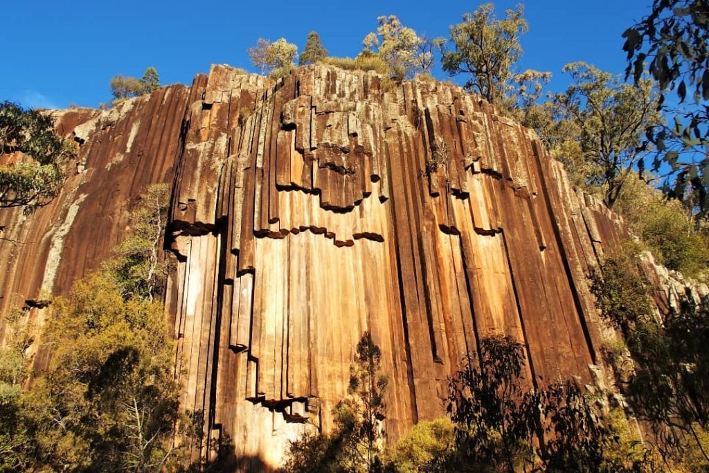 Sawn Rocks' impressive basalt columns rise against a clear blue sky, located near Narrabri in New South Wales, Australia.