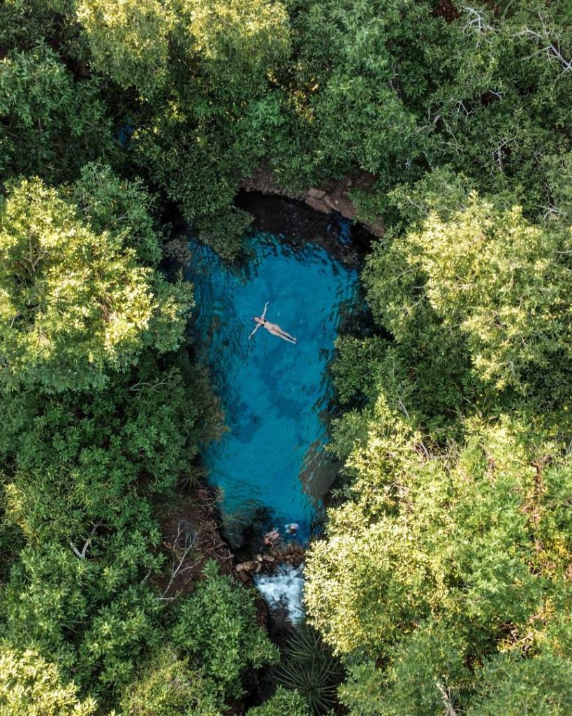 Aerial view of Katherine Hot Springs, featuring clear blue water surrounded by dense green forest and a person floating in the springs.