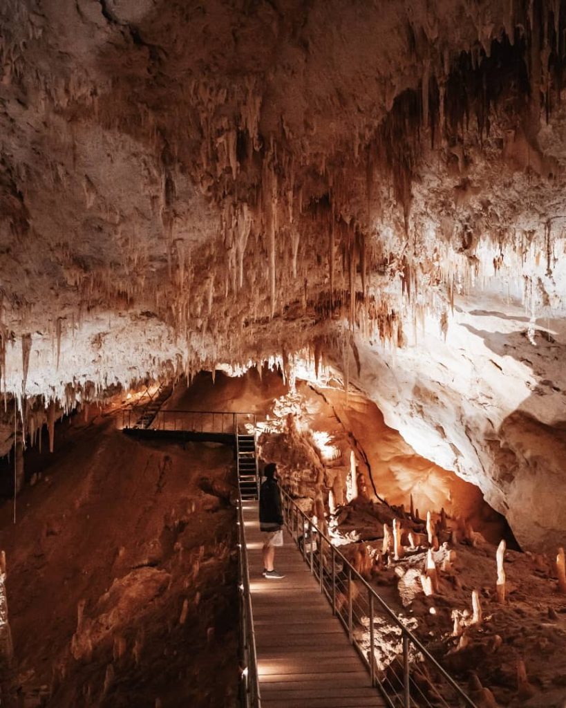 A visitor stands on a wooden boardwalk inside an illuminated ancient cave in Margaret River, Western Australia, surrounded by dramatic stalactites and stalagmites.