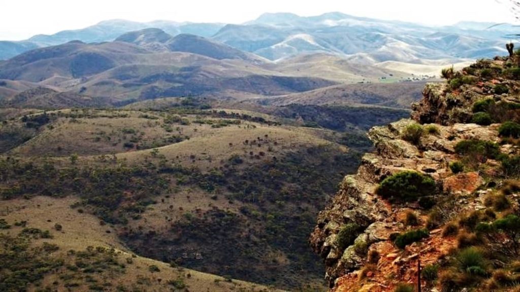 A view of rolling hills and valleys from the rocky edge of the Dutchman’s Stern summit in the Flinders Ranges, South Australia.