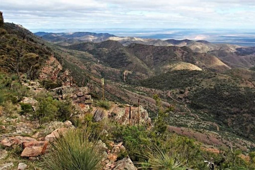 Expansive view of rugged valleys and hillsides from the summit of the Dutchman’s Stern hike in South Australia.