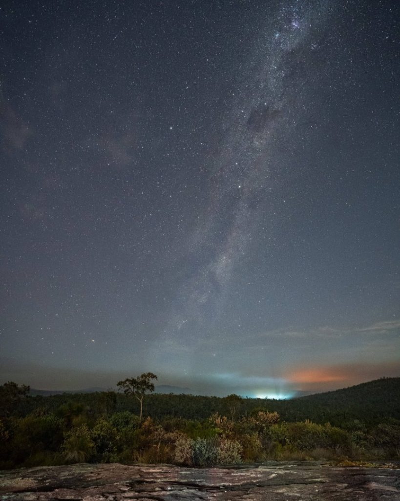 A clear night sky in the Blue Mountains showcasing the Milky Way, perfect for stargazing during the best Blue Mountains tours. The dark sky offers an unforgettable celestial view.