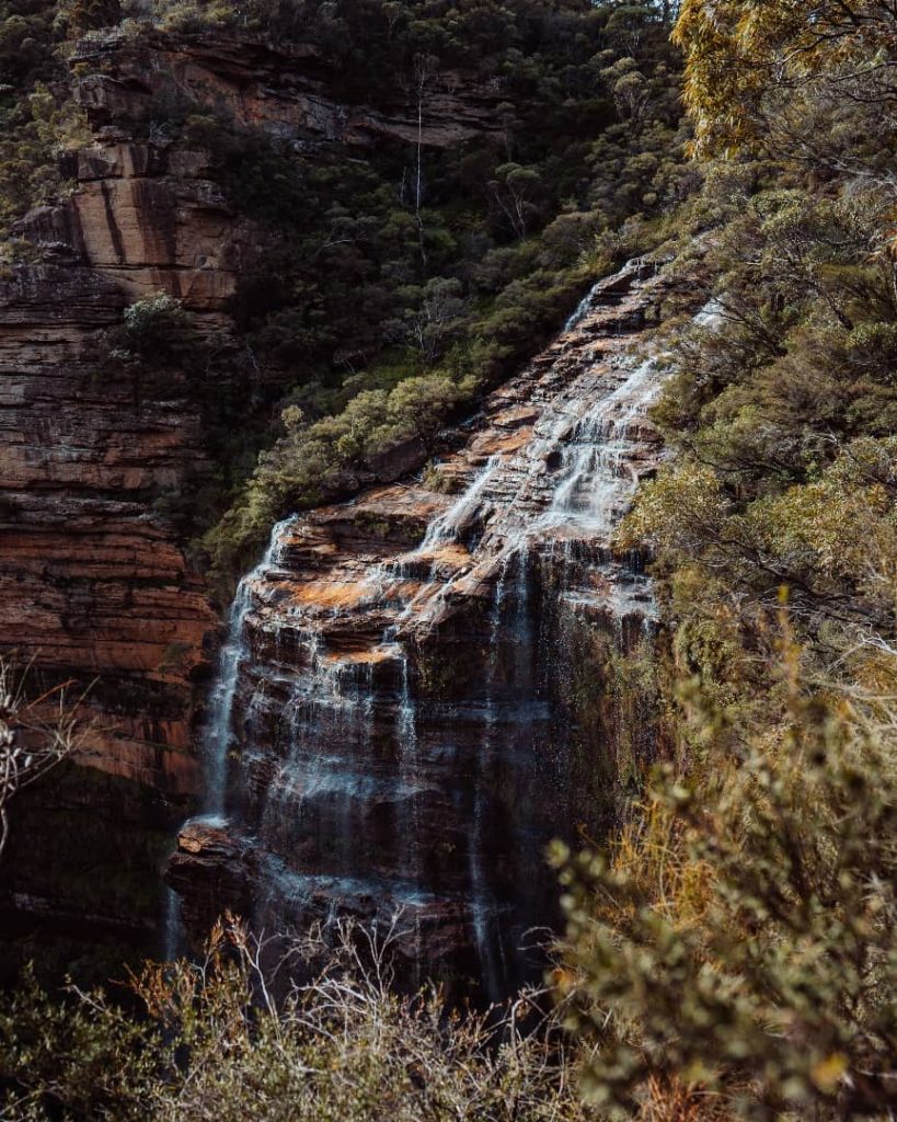 Wentworth Falls cascading down a sandstone cliff surrounded by lush greenery in the Blue Mountains, New South Wales.