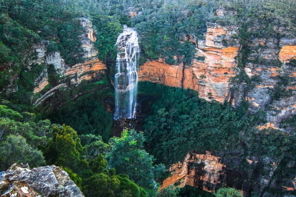  Wentworth Falls cascades down a towering sandstone cliff into a dense green valley in the Blue Mountains, NSW. The waterfall’s white streams contrast against the deep orange and brown rock face, creating a dramatic natural scene. Lush forest surrounds the falls, adding to the untouched beauty of the landscape.