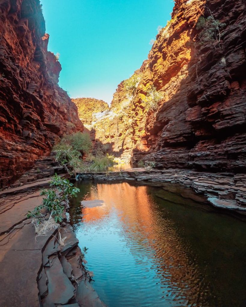 A serene pool reflects the red cliffs and blue sky in Joffre Gorge, one of the best gorges in Karijini National Park, Western Australia. Native plants grow along the rocky edges of the water.