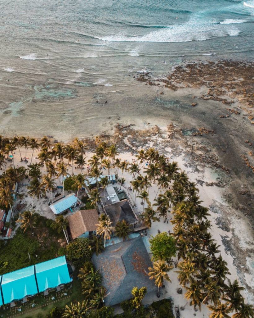 Aerial view of a tropical beachfront in Siargao, lined with palm trees and rustic accommodations along the shoreline. A great place to visit in the Philippines, famous for its surfing, stunning beaches, and island life.