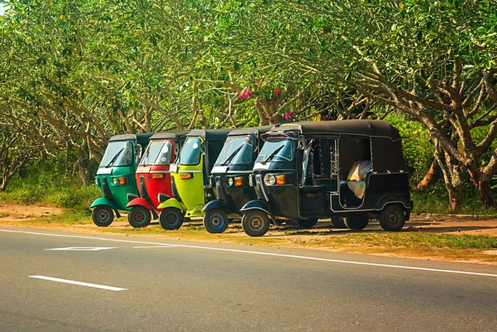 A colourful row of tuktuks parked roadside under leafy trees—riding a local tuktuk is one of the charming, offbeat things to do in Cebu.