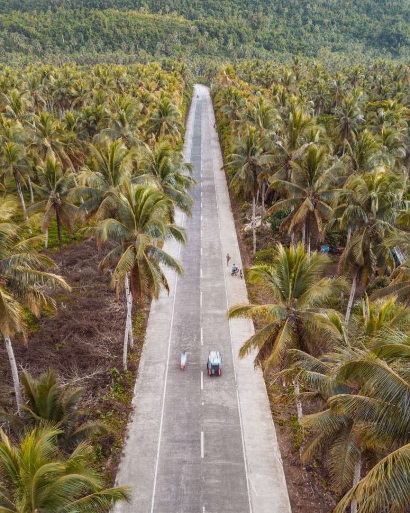 A long straight road lined with palm trees in Siargao, Philippines, with a motorbike traveling along it, emphasizing how the cost of traveling the Philippines makes exploring by motorbike affordable.