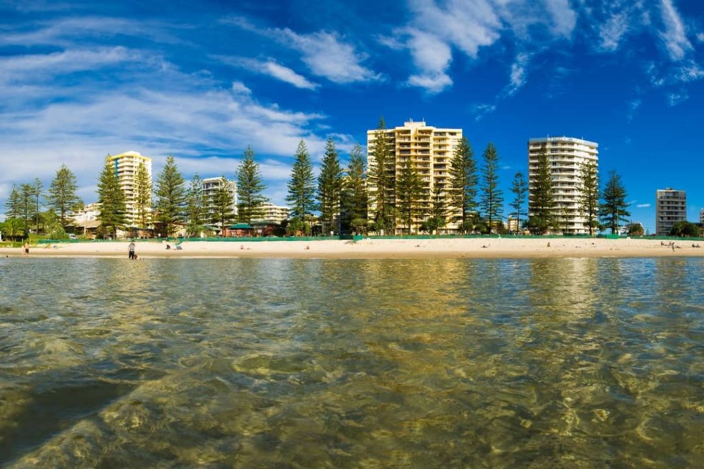 A panoramic view of Coolangatta Beach, Gold Coast, taken from the shallow, crystal-clear waters. Golden sand stretches along the shoreline, with modern beachfront apartments and tall Norfolk pine trees lining the coast. A bright blue sky with scattered clouds completes the scenic coastal backdrop.