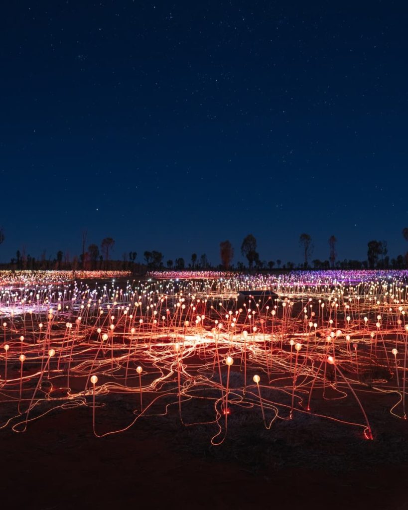Field of Light installation near Uluru glowing under a starry sky, with fibre-optic stems lit in red, purple and white—an unforgettable experience on road trips in Australia.