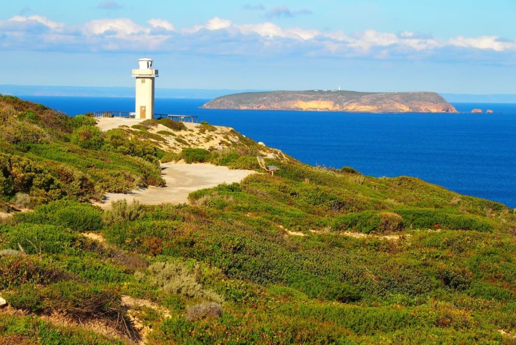 Cape Spencer Lighthouse overlooks the vivid blue waters of the Southern Ocean in Innes National Park, Yorke Peninsula—a rugged coastal stop on road trips in South Australia.