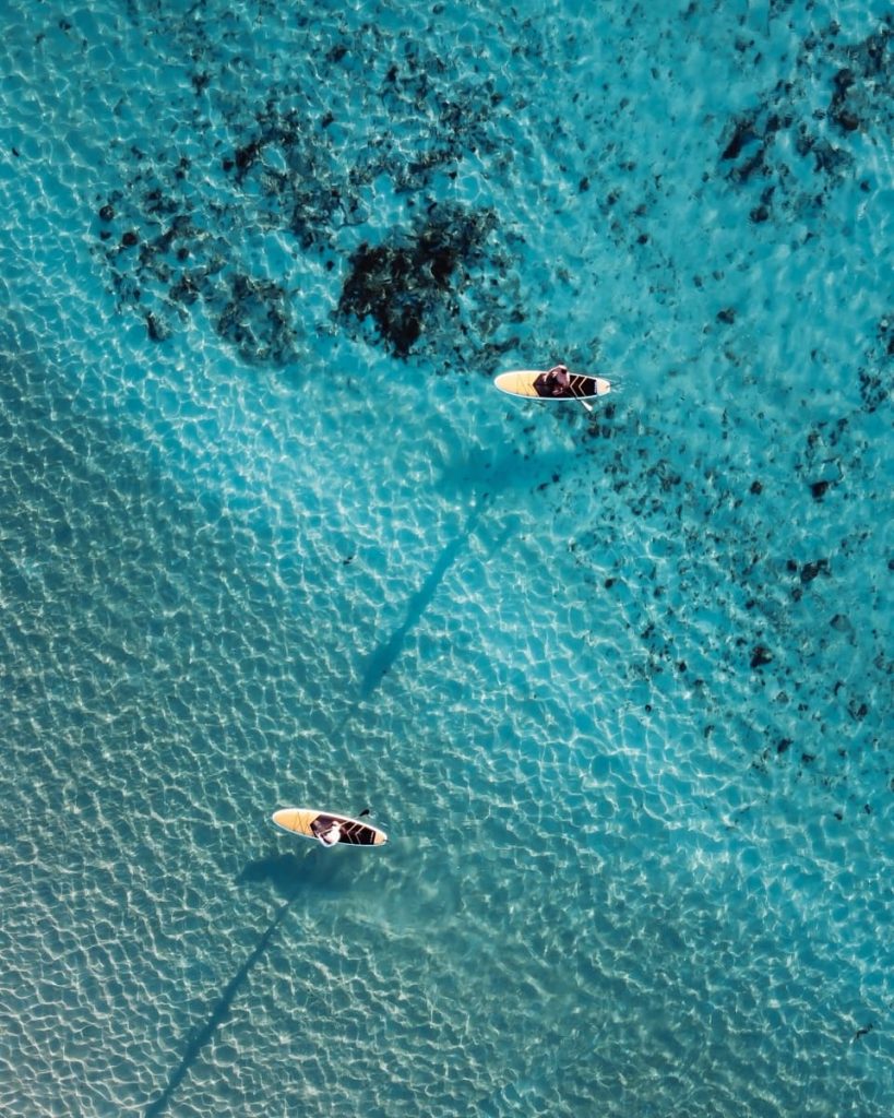 Top-down drone view of two paddleboarders floating in crystal-clear blue waters near Ningaloo Reef, a remote and pristine highlight on road trips in Western Australia.