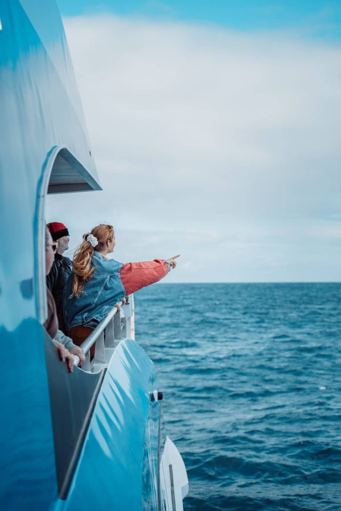 A woman in a denim and red jacket leans over the railing of a boat, pointing toward the open ocean. Other passengers stand beside her, watching intently. The sky is overcast, and the sea stretches endlessly ahead.