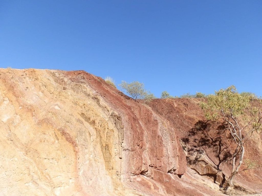 Layered ochre cliffs in shades of yellow, red, and white rise under a clear blue sky, with a few scattered desert trees along the top and to the right.